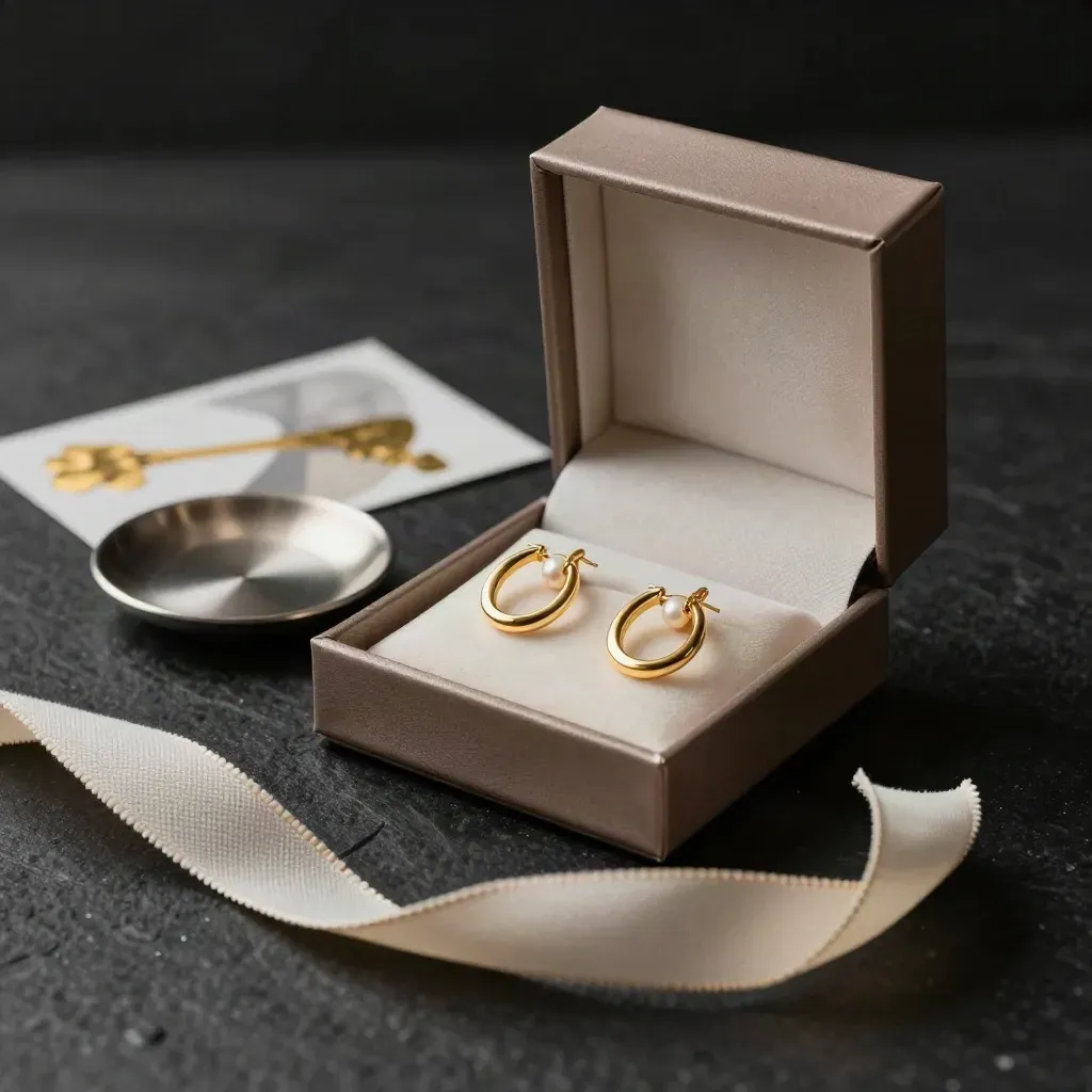 Goldenes Schmuckset in offener Geschenkbox auf dunklem Stein mit sanftem Licht.