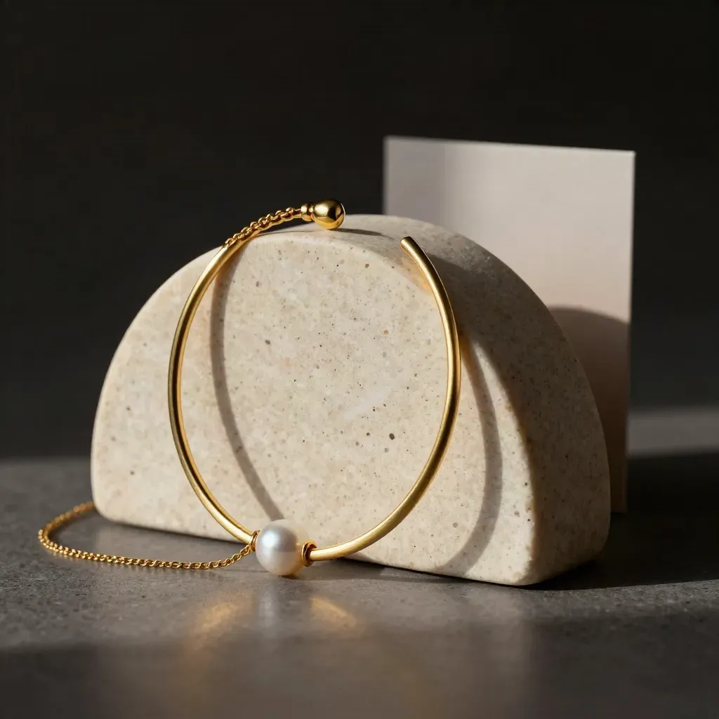 Goldener Armreif auf Travertinbogen mit feiner Kette und Steinperle im dramatischen Studio.