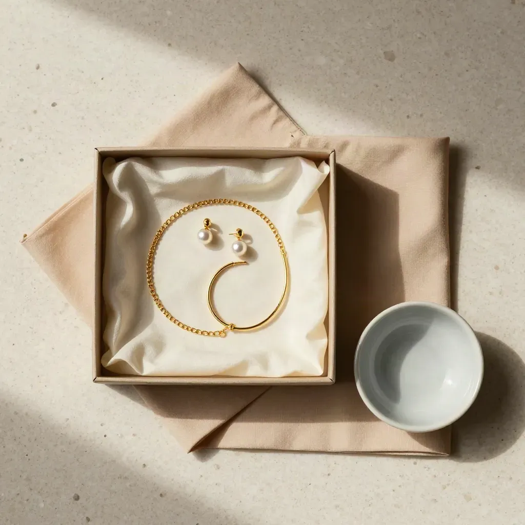 Goldenes Geschenkset mit Kette, Ohrsteckern und Armband in offener Box auf hellem Stein.