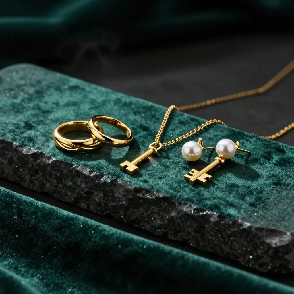 Goldset mit Ring, Kette und Ohrringen auf Smaragdvelours und dunklem Stein im Dramolicht.