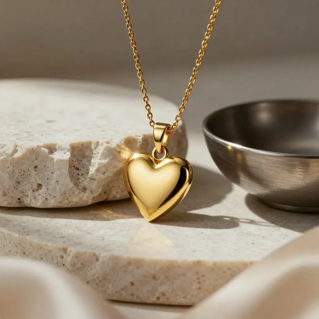 Goldener Herzanhänger mit feiner Kette auf Travertin neben einer Metallschale