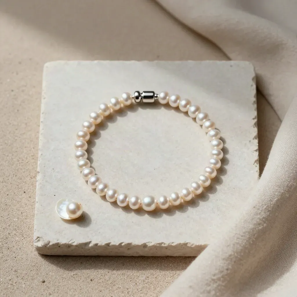 Perlenarmband im Kreis mit Muschelschale und Leinen auf hellem Stein, von oben fotografiert