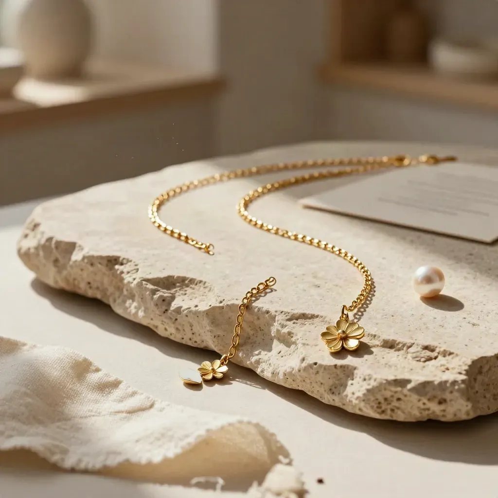 Goldene Kette mit Blumenanhänger auf hellem Kalkstein neben Keramikscherbe und trockenem Stiel