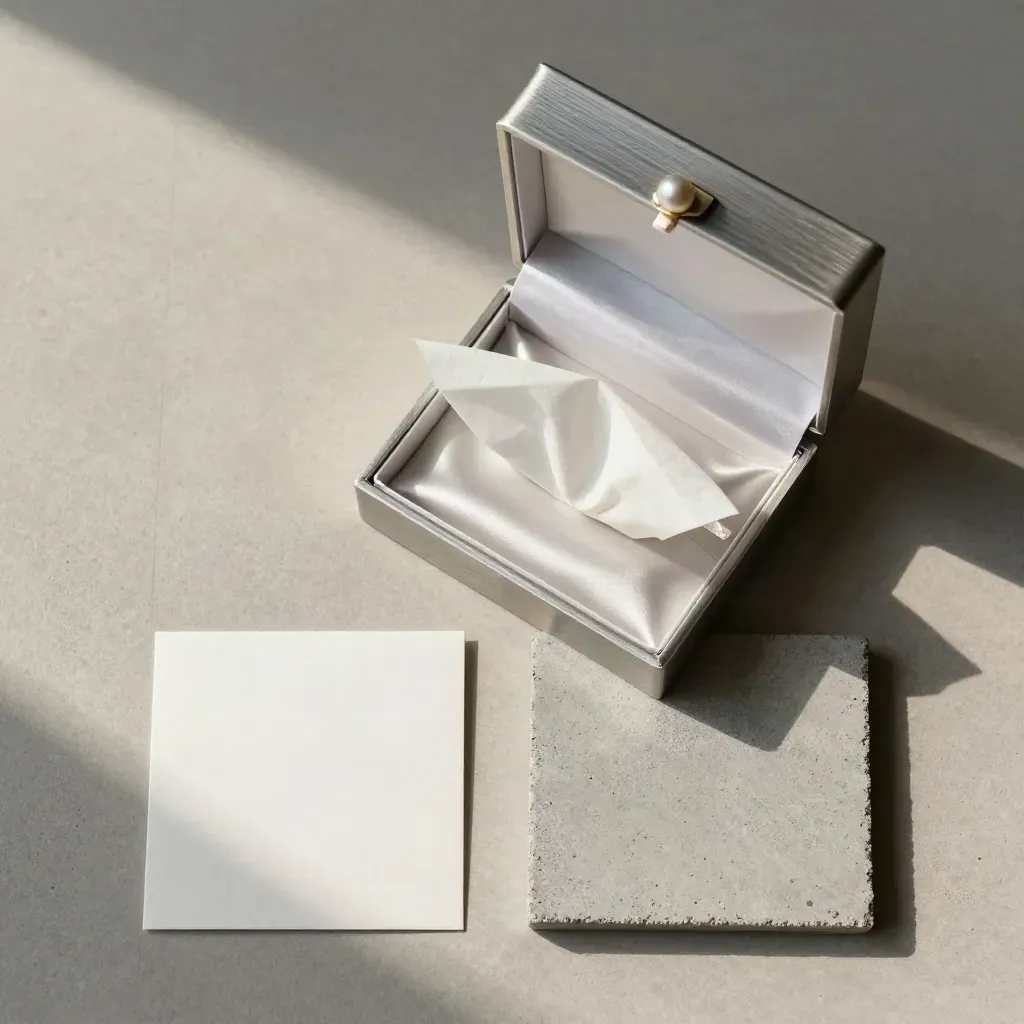 Offene silberne Schmuckbox mit Seidenpapier auf heller Steinplatte
