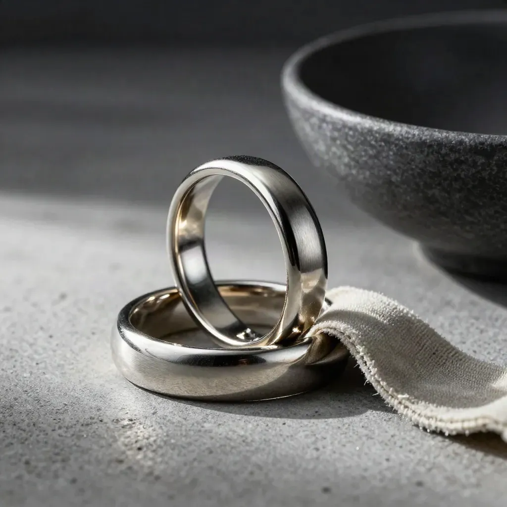 Makro von drei ineinandergelegten Ringen in graphitfarbener Schale mit Samtstreifen und Stein.