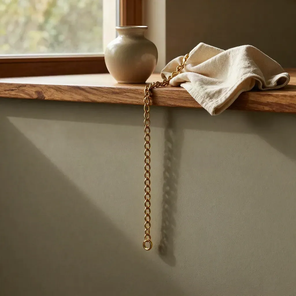 Feine Goldkette auf Eichenkante mit Keramik und Tuch im hellen Atelierfenster.