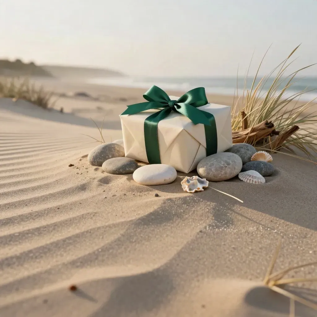 Geschenkbox am Strand zwischen Steinen und Gras, mit ruhiger Sandfläche und salziger Brise