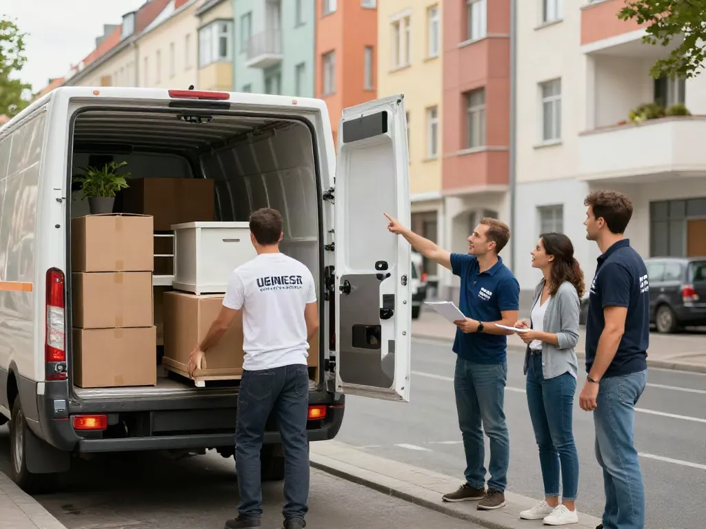 Umzug Berlin professional movers loading furniture into a truck on a sunny day.