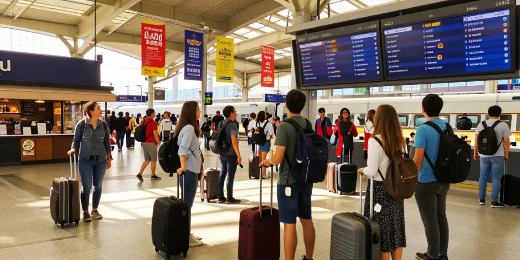 Menschen an einem belebten Bahnhof, die nach günstigen Zugtickets suchen, mit Gepäck und digitalen Anzeigetafeln im Hintergrund.