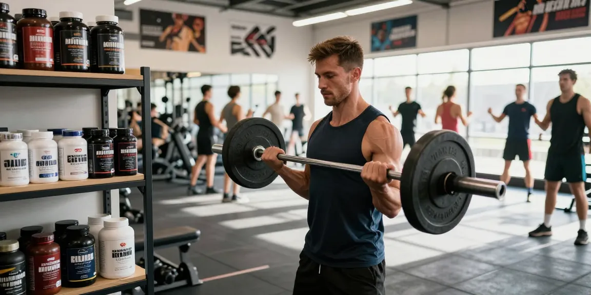 Qualitätsprodukte im Selliza Shop während des Trainings in einem Fitnessstudio.
