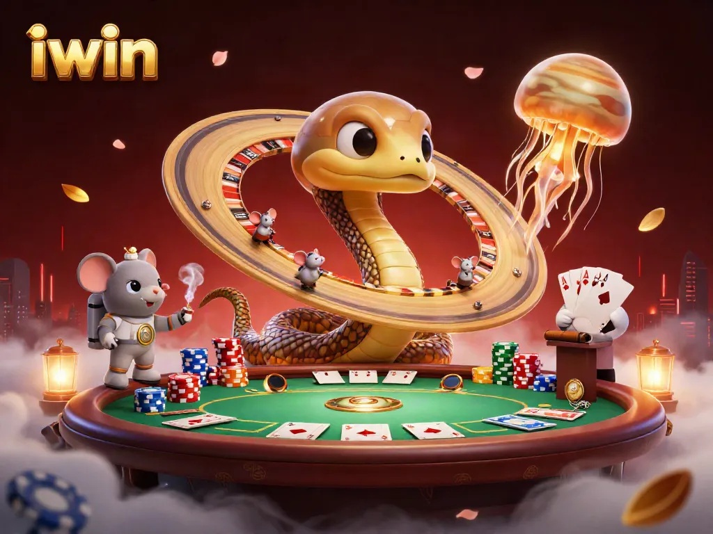 Engage with iwin's vibrant casino scene featuring a cartoon Saturn snake and astronaut mice placing bets.
