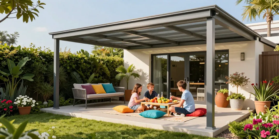 Moderne Terrassenüberdachung in einer sonnigen Gartenlandschaft mit Familie.
