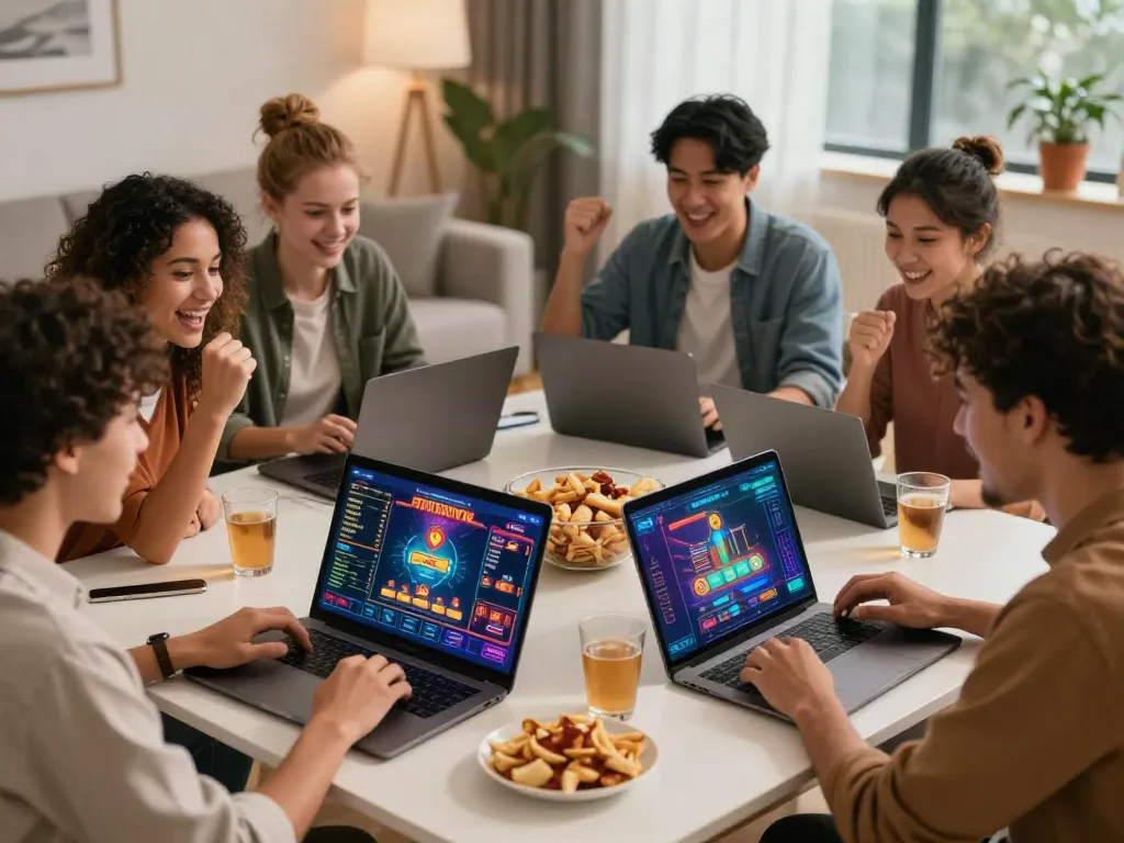 Friends enjoying an online gaming session while accessing link vào IWIN in a cozy setting.