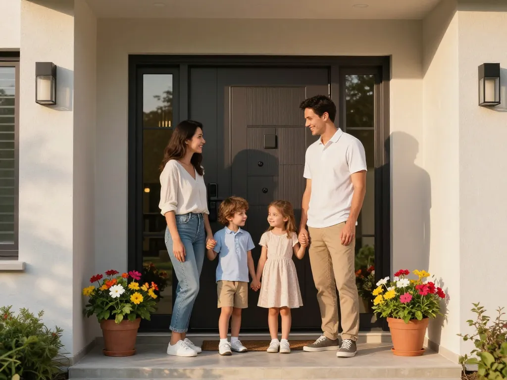Familie steht glücklich neben ihrer modernen Haustür mit Topfblumen und einladender Atmosphäre.
