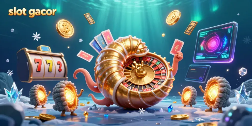 Experience the excitement of slot gacor with a vibrant 3D illustration featuring a giant nautilus and dynamic casino elements.