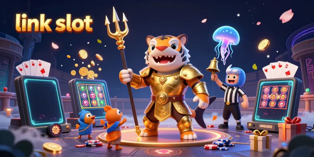 Experience thrilling gameplay with link slot as a fierce tiger shark wields a trident in a vibrant casino scene.