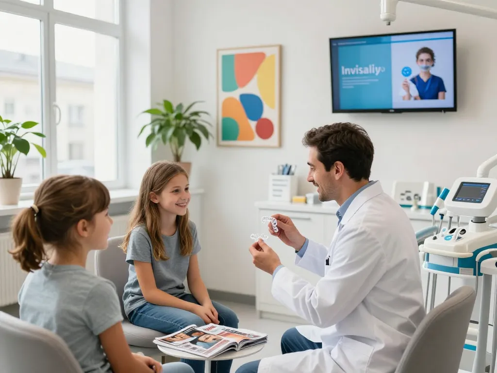 Invisalign Wien Beratung zwischen Zahnarzt und Patient in einer modernen Zahnarztpraxis.