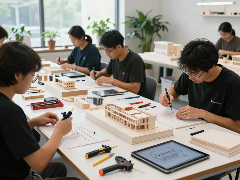 Detaillierte Modellbau-Szene im Architekturmodellbau Dänemark mit Handwerkern bei der Arbeit.