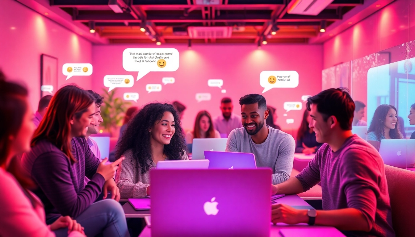 Engaging sex chat scene featuring diverse users communicating online in a vibrant, warm atmosphere.