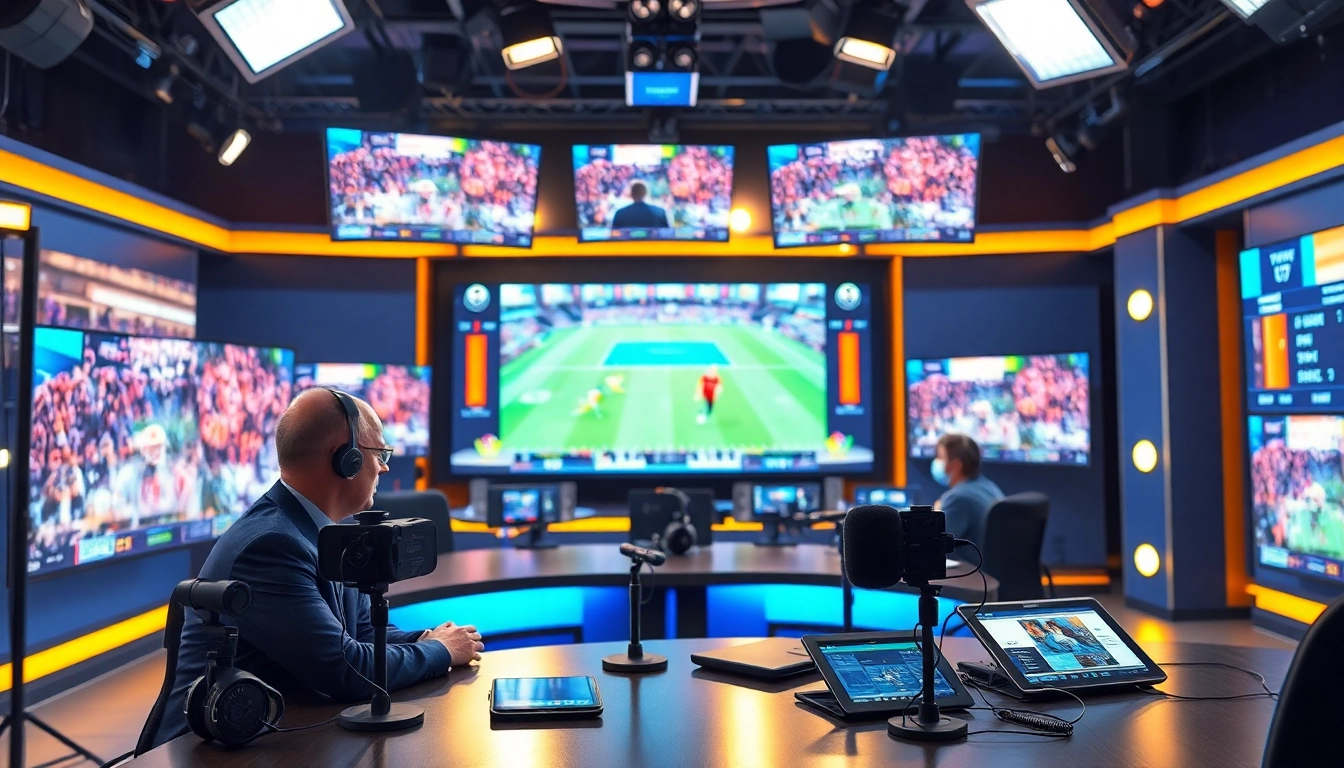 Engaging in sports broadcasting with vibrant studio setup showcasing live events.